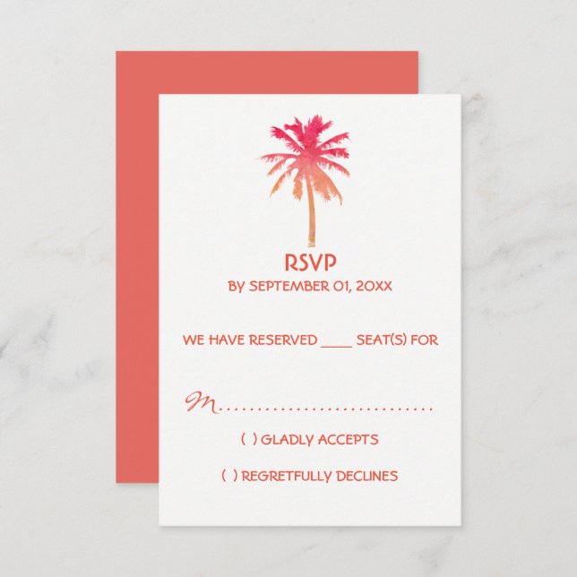 Tropical Sunset Palm Tree Beach Wedding RSVP Card (Front/Back)