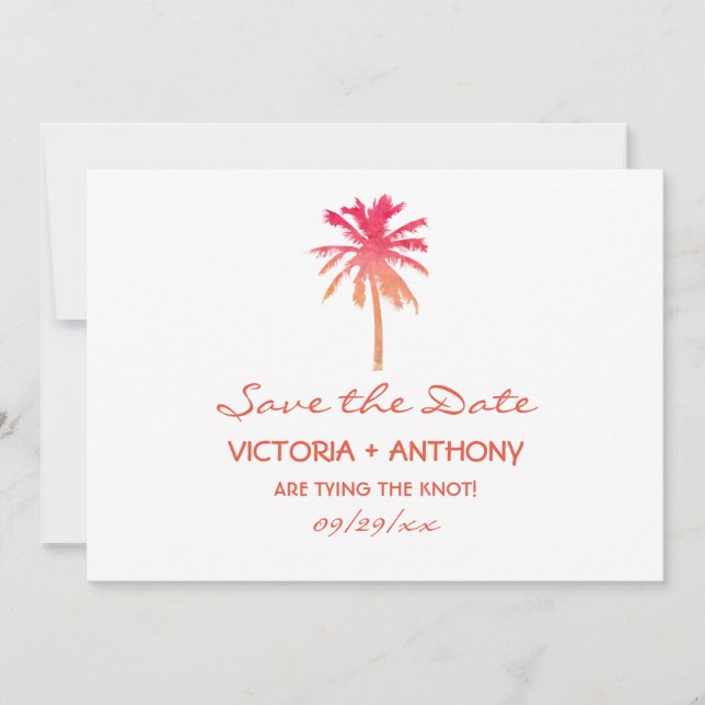 Tropical Sunset Palm Tree Beach Wedding Save The Date (Front)