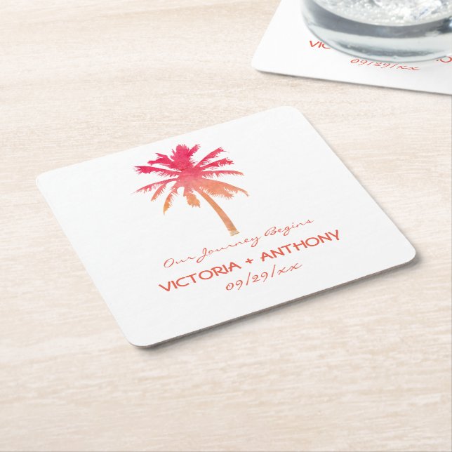 Tropical Sunset Palm Tree Beach Wedding Square Paper Coaster (Angled)