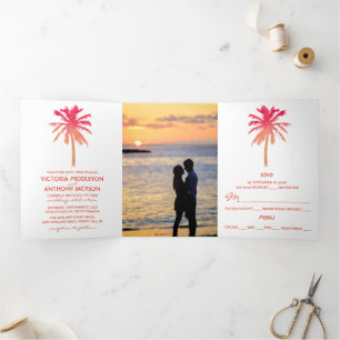 Tropical Sunset Palm Tree Beach Wedding Suite Tri-Fold Invitation