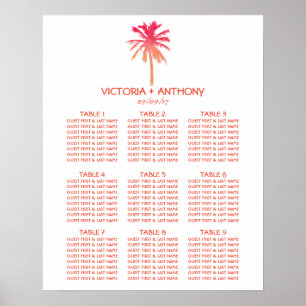 Tropical Sunset Palm Tree Beach Wedding Table Plan Poster