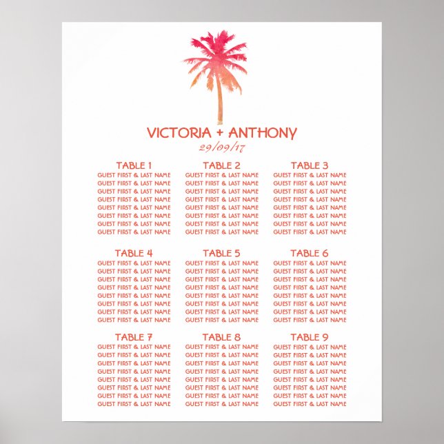 Tropical Sunset Palm Tree Beach Wedding Table Plan Poster (Front)