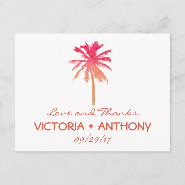 Tropical Sunset Palm Tree Beach Wedding Thank You Postcard (Front)