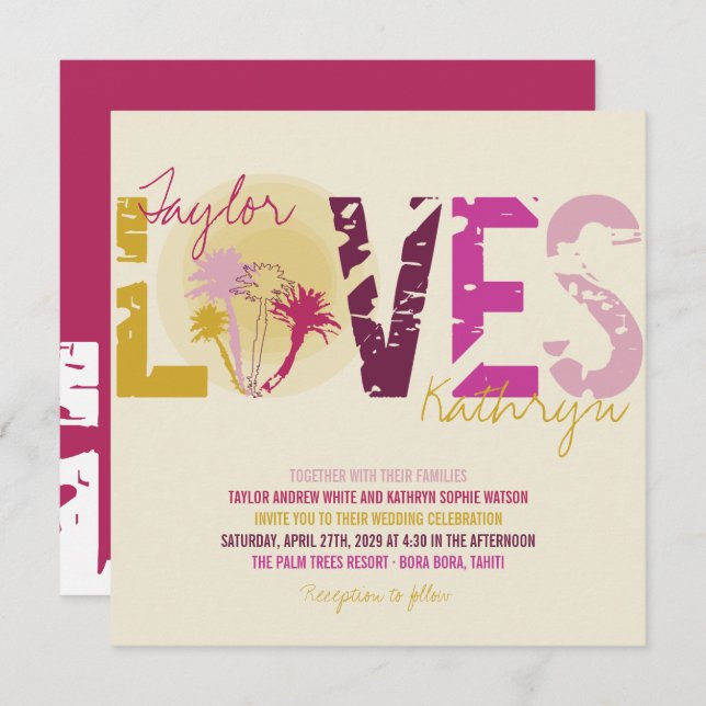 Tropical Sunset Palm Trees Beach Summer Wedding Invitation (Front/Back)
