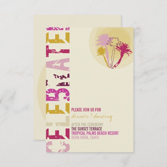 Tropical Sunset Palm Trees Beach Wedding Reception Invitation (Front/Back)