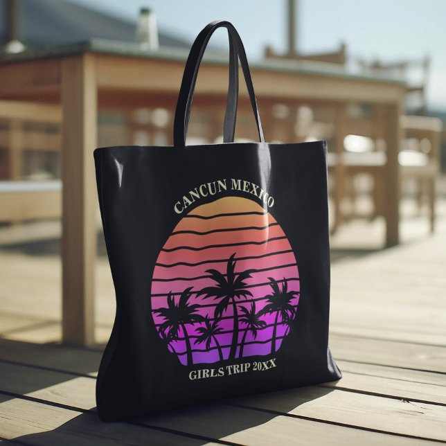 Tropical Sunset Palm Trees Pink Black Custom Beach Tote Bag (Creator Uploaded)