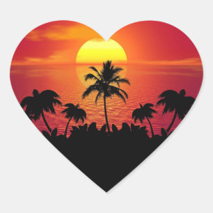 Tropical Sunset Palm Trees Silhouette Beach Heart Sticker