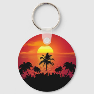 Tropical Sunset Palm Trees Silhouette Beach Key Ring
