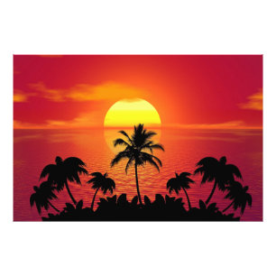 Tropical Sunset Palm Trees Silhouette Beach Photo Print