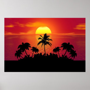 Tropical Sunset Palm Trees Silhouette Beach Poster