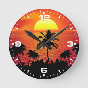 Tropical Sunset Palm Trees Silhouette Beach Round Clock