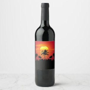Tropical Sunset Palm Trees Silhouette Beach Wine Label