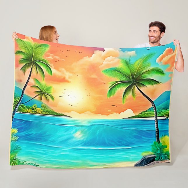 Tropical Sunset Paradise Beach View Fleece Blanket (In Situ)