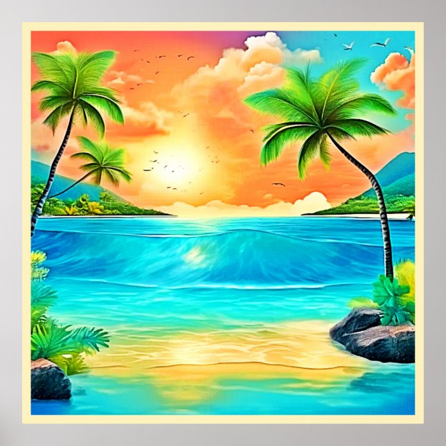 Tropical Sunset Paradise Beach View Poster (Front)