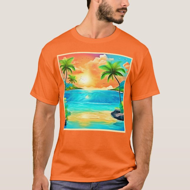 Tropical Sunset Paradise Beach View T-Shirt (Front)