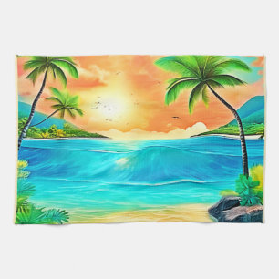 Tropical Sunset Paradise Beach View Tea Towel