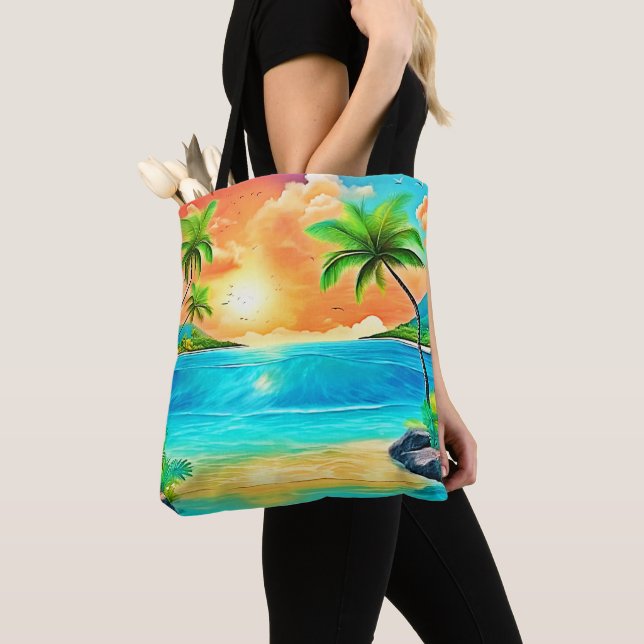Tropical Sunset Paradise Beach View Tote Bag (Close Up)