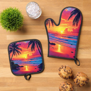 Tropical Sunset Paradise Design Oven Mitt & Pot Holder Set