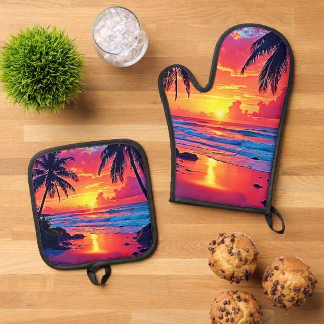 Tropical Sunset Paradise Design Oven Mitt & Pot Holder Set (Top Down)