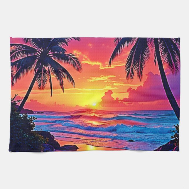 Tropical Sunset Paradise Design Tea Towel (Horizontal)