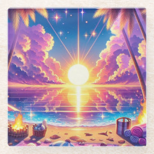 Tropical Sunset Paradise Painting Glass Coaster