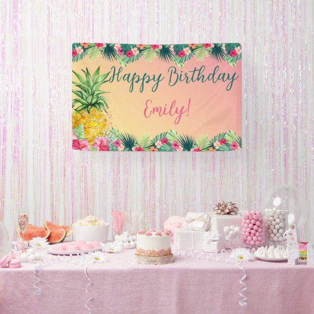 Tropical Sunset Pineapple Girls Happy Birthday  Banner (Party)