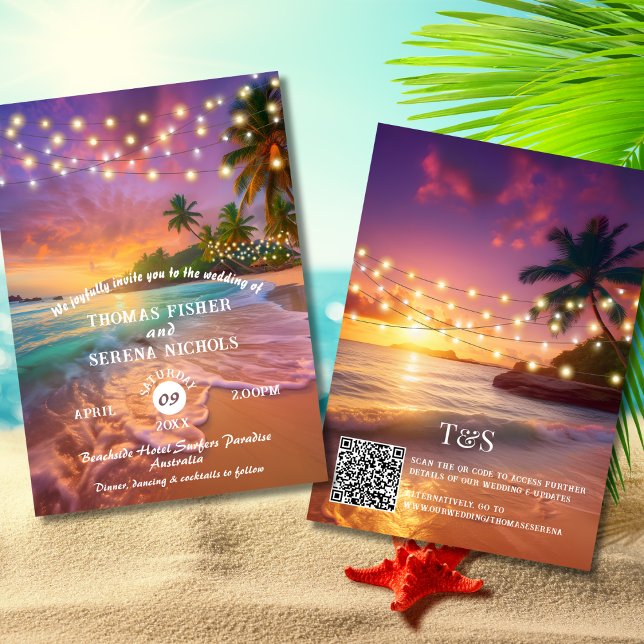 Tropical Sunset QR Code Beach Wedding Invitation (Creator Uploaded)