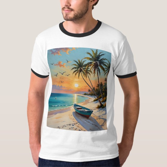Tropical Sunset Rowboat Beach Painting Tshirt (Front)
