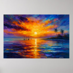 Tropical Sunset Sailboat Art Print with Palm Trees