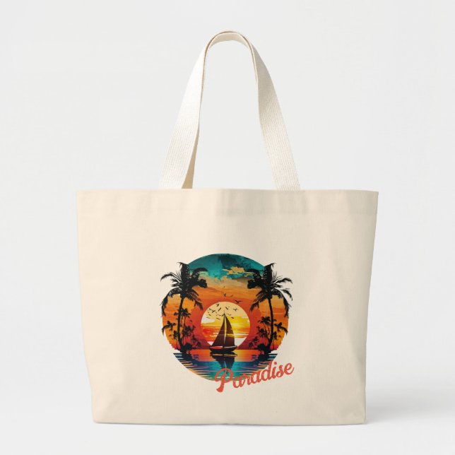Tropical Sunset Sailing Beach Palms  Large Tote Bag (Front)