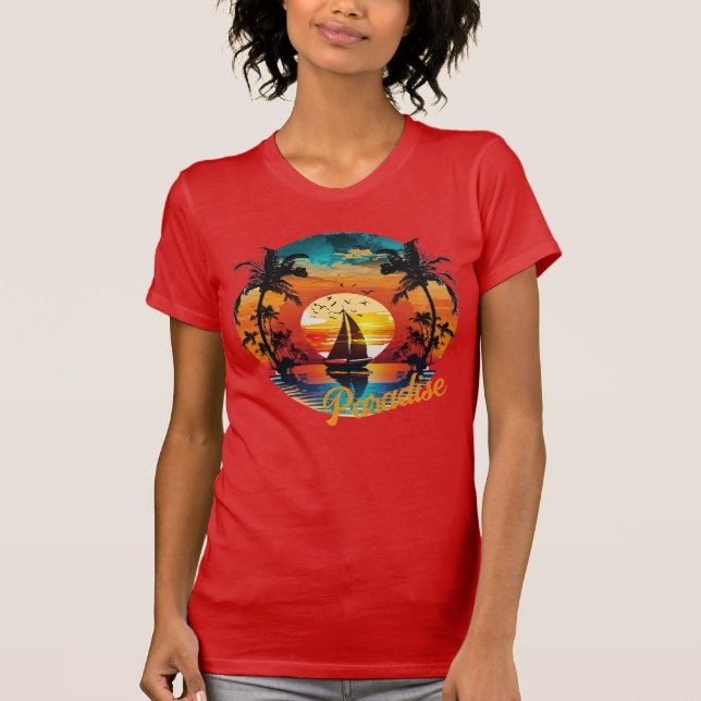 Tropical Sunset Sailing Beach Palms  T-Shirt (Front)