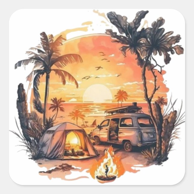Tropical Sunset Scene Square Sticker (Front)