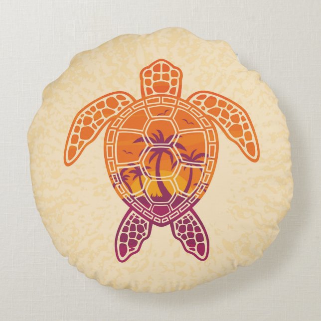 Tropical Sunset Sea Turtle Design Round Cushion (Back)