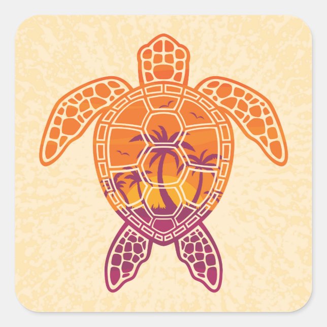 Tropical Sunset Sea Turtle Design Square Sticker (Front)