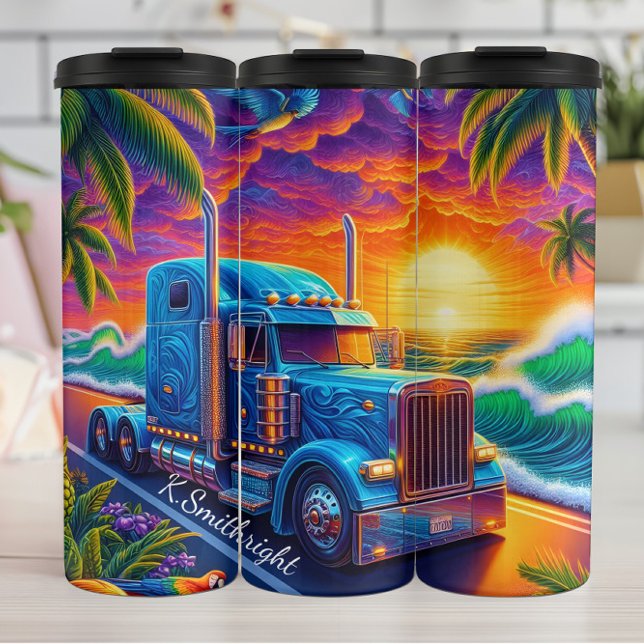 Tropical Sunset Semi Truck Ocean Thermal Tumbler (Creator Uploaded)