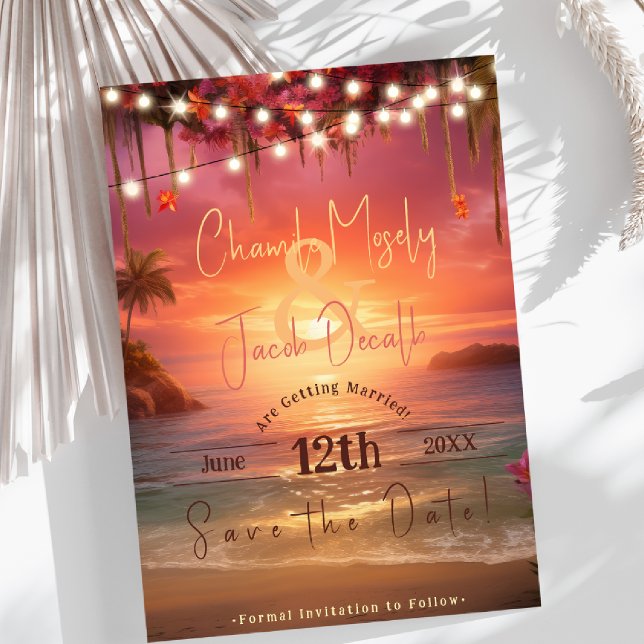 Tropical Sunset String Lights Beach Wedding Save The Date (Tropical Sunset String Lights Beach Wedding Save The Date)
