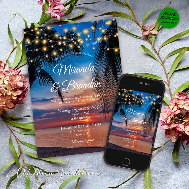 Tropical Sunset String Lights Palm Beach Wedding Invitation (Creator Uploaded)