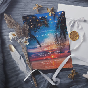 Tropical Sunset String Lights Palm Elegant Wedding Invitation