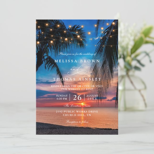 Tropical Sunset String Lights Palm QR Code Wedding Invitation (Standing Front)