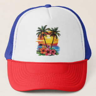 Tropical Sunset Trucker Hat – Palm Trees & Hibiscu