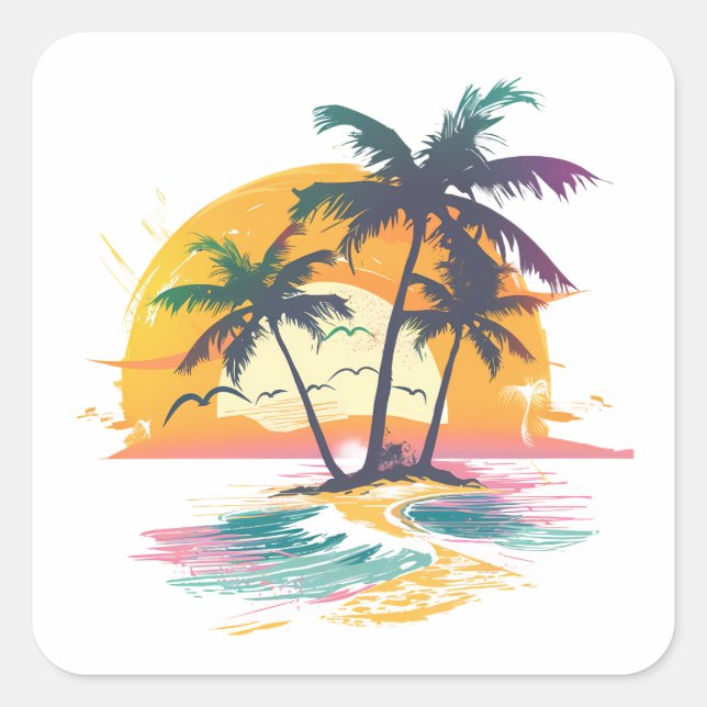 Tropical Sunset Vibes – Palm Trees & Beach Design Square Sticker (Front)