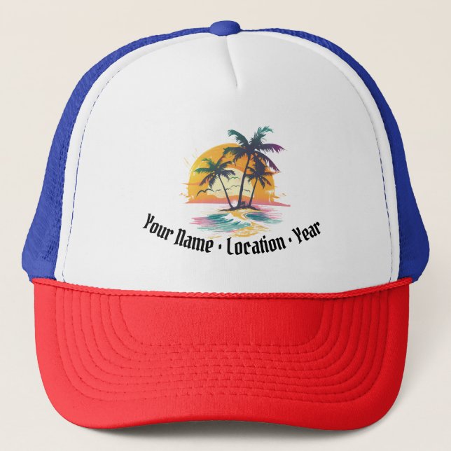Tropical Sunset Vibes – Palm Trees & Beach Design Trucker Hat (Front)