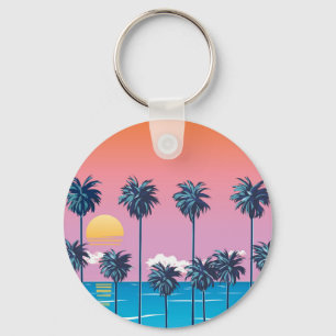 Tropical Sunset: Vintage Beach Illustration Key Ring