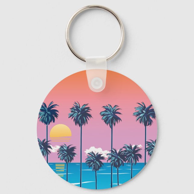Tropical Sunset: Vintage Beach Illustration Key Ring (Front)