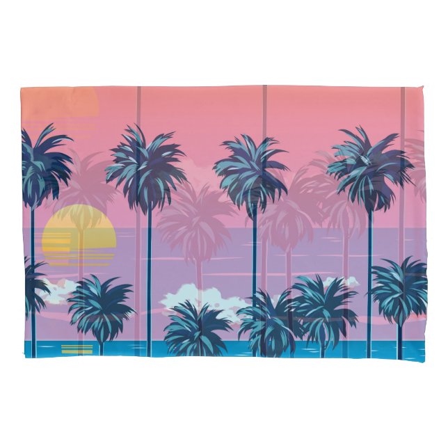 Tropical Sunset: Vintage Beach Illustration Pillowcase (Front)