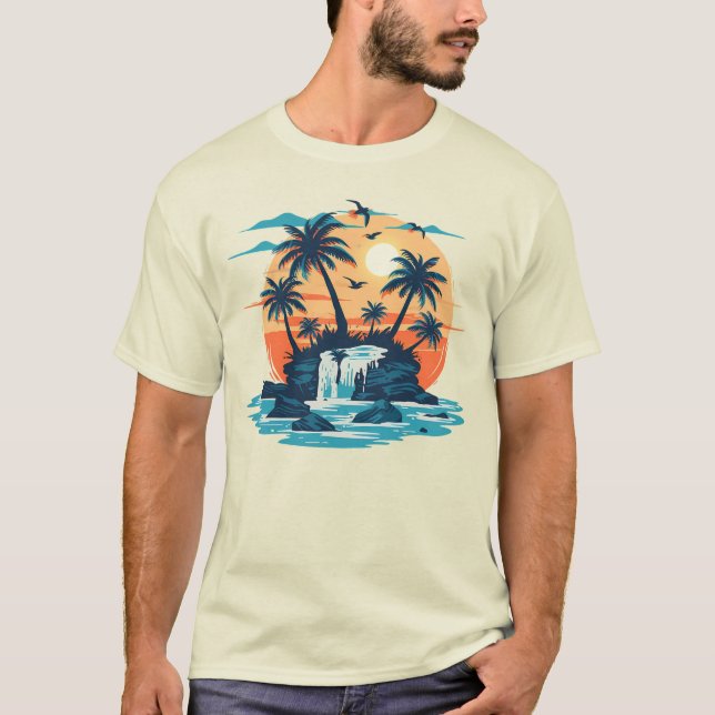 Tropical Sunset Waterfall Graphic T-Shirt (Front)