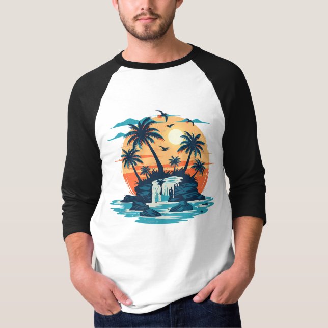 Tropical Sunset Waterfall Graphic T-Shirt (Front)