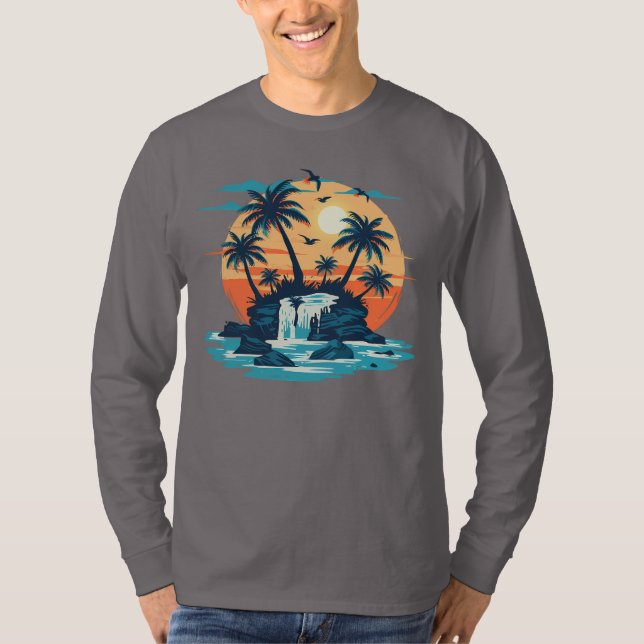 Tropical Sunset Waterfall Graphic T-Shirt (Front)