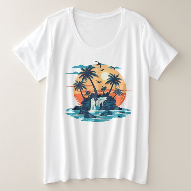 Tropical Sunset Waterfall Graphic T-Shirt Plus Size T-Shirt (Design Front)