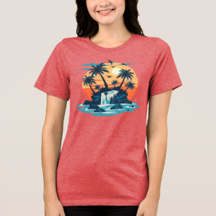 Tropical Sunset Waterfall Graphic T-Shirt Tri-Blend Shirt